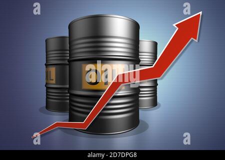 Three oil barrels with a red up arrow. Rising oil prices Stock Photo