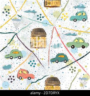 Seamless Pattern with Hand Drawn Cars. Scandinavian Style. Vector Illustration Stock Vector