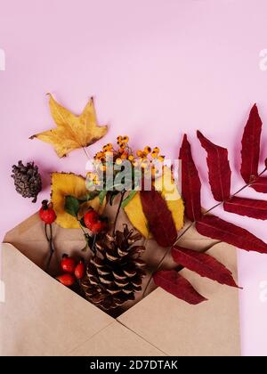 Autumn composition. Envelope with dried flowers and leaves on pastel pink background. Autumn, fall concept. Flat lay, top view. Stock Photo