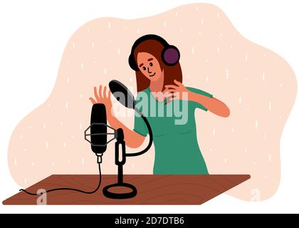 Woman is doing live podcast. Female podcaster talking to microphone recording voice in studio. Vector illustration in flat style. Stock Vector