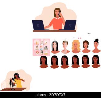 A woman works with two laptops and talks on the phone. Concept remote work, freelance, business. Vector illustration isolated on white background. Stock Vector