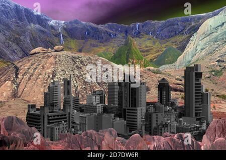 A fantasy image of an alien city on a mysterious world. Stock Photo