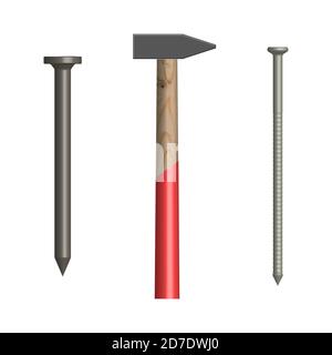 Hammer and nails isolated on white background. Elements design of the working tool and fasteners. Front view, vector illustration. Stock Vector