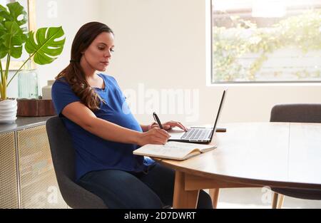 Pregnant Woman Using Laptop At Table Working From Home Stock Photo