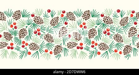 Hand Drawn Linocut Abstract Christmas Pine Cone Foliage Horizontal Vector Seamless Pattern Border Stock Vector