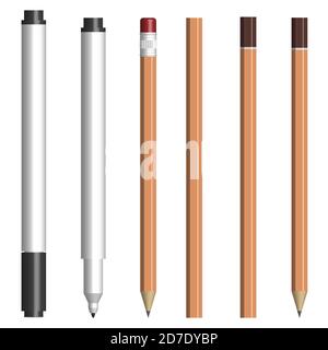 Set of different text markers and pencils, with and without a cup. Isolated on white background, vector illustration. Stock Vector