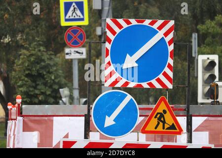 Road work and construction, road signs on the city street Stock Photo