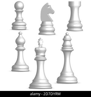 Photo realistic white chess pieces. Front view, vector illustration. Stock Vector