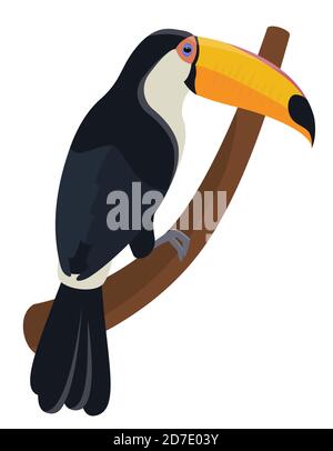 Toucan sitting on branch. Tropical bird in cartoon style. Stock Vector