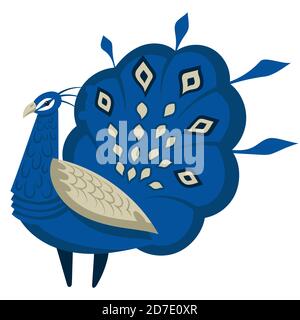 Peacock with beautiful tail. Bird in cartoon style isolated on white background. Stock Vector