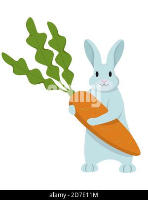 Rabbit holding a big carrot. Animal in cartoon style isolated on white background. Stock Vector
