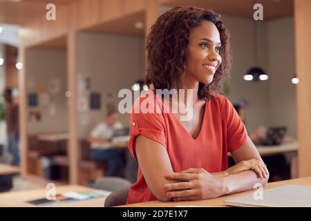 Businesswoman At Desk In Modern Office Work Space With Laptop Stock Photo