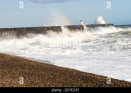 Waves hitting the breakwater at Newhaven during a storm. Stock Photo