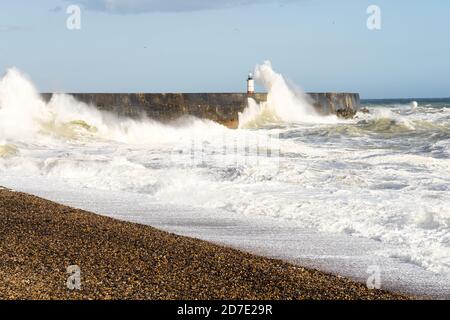 Waves hitting the breakwater at Newhaven during a storm. Stock Photo