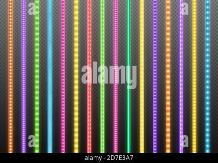 Colorful LED strips collection, bright luminous ribbons isolated on a transparent background. Realistic neon garlands. Stock Vector