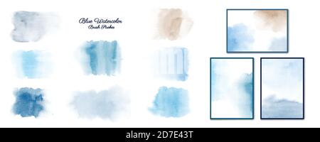 Creative minimalist Watercolors hand-painted blue collection set. Vector illustrations for wall decoration, invites, postcard, or cover design. Stock Vector