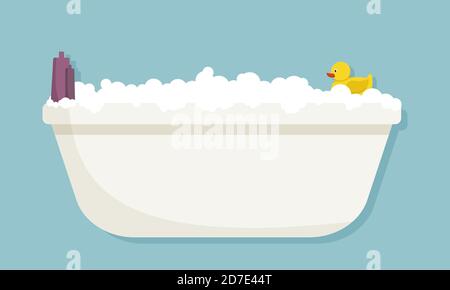 Bubble bath with yellow rubber duck. Bathtub isolated on blue background. Vector flat illustration Stock Vector