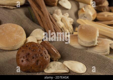 Closeup shot of bakery products on a sackcloth Stock Photo