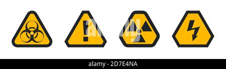 Set of hazard warning attention sign, biohazard radiation and high voltage Stock Vector