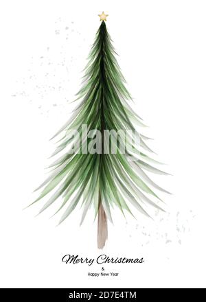 Christmas tree design with green watercolor on white background. Isolated vector element for decoration design card, invitation, poster, or banner. Stock Vector