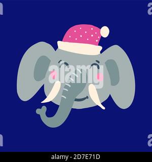 The face of an elephant in a Christmas hat. Stock Vector