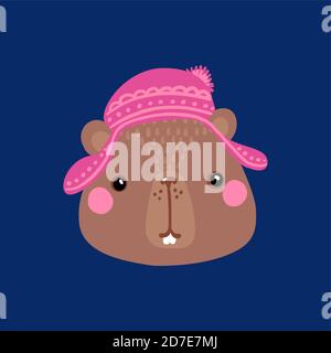 The face of a bear in a winter hat. Cute animal beaver. Stock Vector