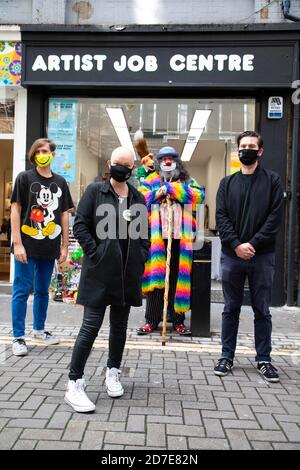 EDITORIAL USE ONLY (Left to right) Stuart Semple, Gail Porter, Basil Brush, Eek the clown and Mike Spearman at artist Stuart Semple's new art installation entitled the 'Artist Job Centre' in Neal Street, London. Stock Photo