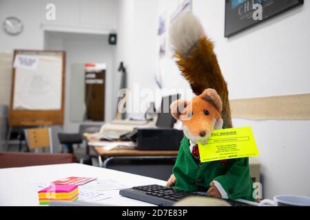 EDITORIAL USE ONLY Artist Stuart Semple unveils a new art installation with Basil Brush entitled the 'Artist Job Centre' in Neal Street, London. Stock Photo