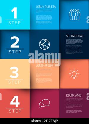 Multipurpose mosaic four steps infographic made from colorful content squares with icons numbers and texts Stock Vector