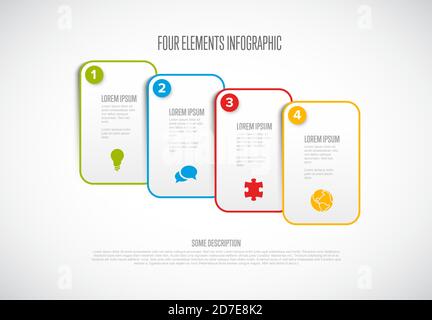 Vector light progress steps template with descriptions, icons and thin color line border Stock Vector