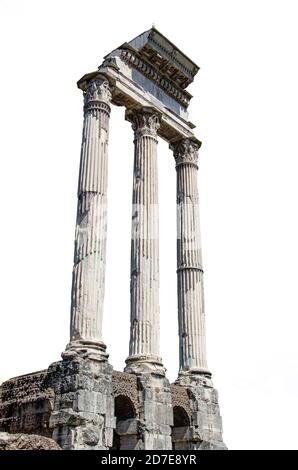 Ancient ruins - roman columns isolated on white background. Columns of Temple of Castor and Pollux in Roman Forum, ancient pillars on white. Stock Photo