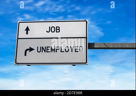 Job versus unemployed. White two street signs with arrow on metal pole. Directional road. Crossroads Road Sign, Two Arrow. Blue sky background. Stock Photo