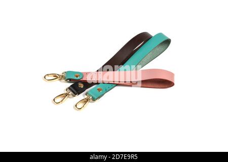 Blank loop pink green brown gray color leather key chain collection on isolated white background with clipping path. Pile set of metallic souvenir. Stock Photo