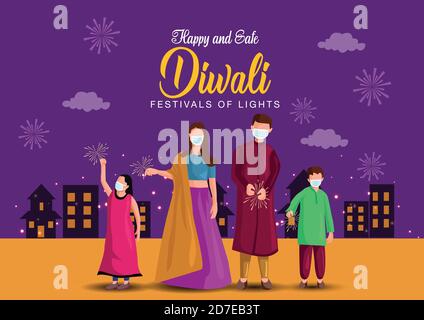 vector illustration of Hindu family celebrating on Happy Diwali Indian holiday background. covid 19, corona virus concept Stock Vector