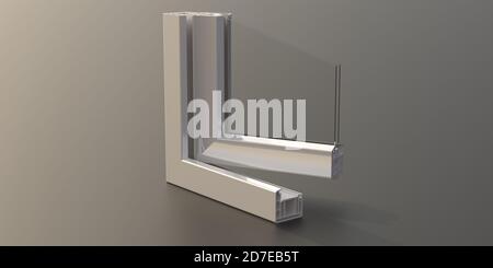 Aluminum profile frame double glazing isolated on gray color background. PVC metal white color window and door detail cross section.  3D illustration Stock Photo