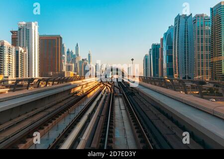 View of the Dubai downtown skyline from a metro station, Dubai, UAE Stock Photo