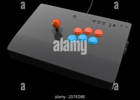 Vintage arcade stick with joystick and tournament-grade buttons isolated on black with clipping path. 3D rendering of gaming machine and gamer workspa Stock Photo