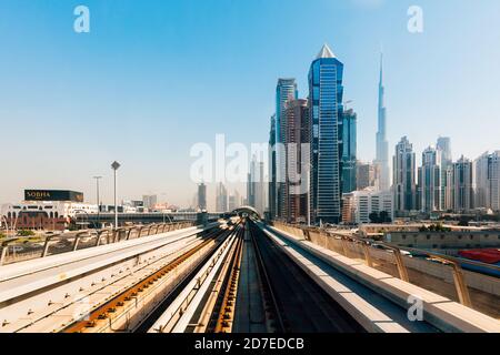 Dubai, UAE - January 25, 2020: View of the Dubai downtown skyline from a metro station, Dubai, UAE Stock Photo