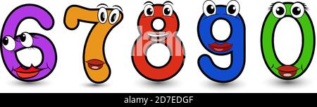 Funny hand drawn set of cartoon styled font colorful numbers six, seven eight, nine, zero with smiling faces vector alphabet illustration isolated on Stock Vector