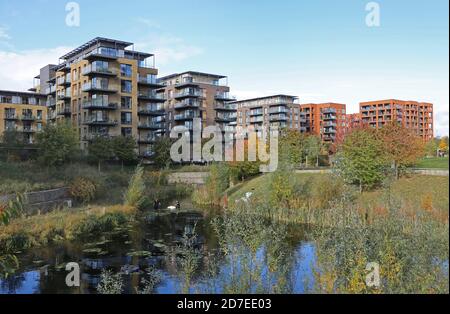 New apartment blocks overlook Cator Park at Kidbrooke Village, a huge new residential development in the London Borough of Greenwich, UK. Stock Photo