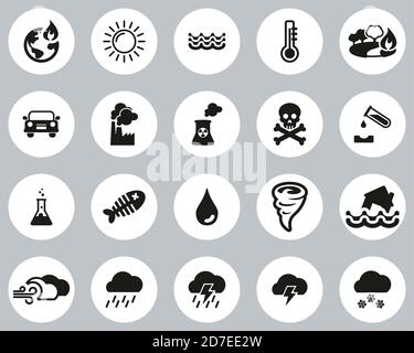 Global Warming Icons Black & White Flat Design Circle Set Big Stock Vector