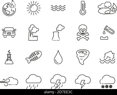 Global Warming Icons Black & White Thin Line Set Big Stock Vector