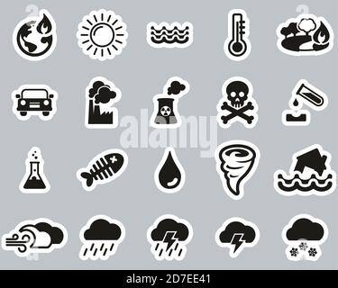 Global Warming Icons Black & White Sticker Set Big Stock Vector