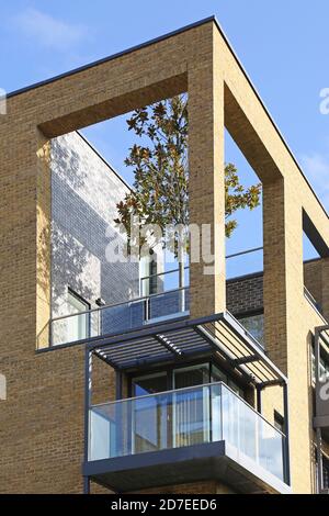 House with a roof courtyard and tree on Weigall Road, London UK.  Part of Kidbrooke Village, a huge new residential development in Greenwich. Stock Photo