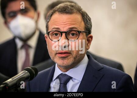 Baabda, Lebanon. 22nd Oct, 2020. Gebran Bassil, Leader of the Free Patriotic Movement and former Lebanese Foreign Minister, speaks during a press conference after Saad Hariri was renamed as Lebanon's Prime Minister at the Baabda Presidential Palace. Credit: Marwan Naamani/dpa/Alamy Live News Stock Photo