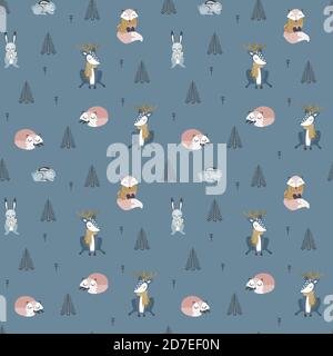 Winter seamless pattern with woodland animals. Scandinavian style. Vector illustration. Stock Vector
