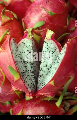 Dragon Fruits at a market in the town of Krabi on the Andaman Sea in the south of Thailand.    Thailand, Krabi, April, 2001 Stock Photo