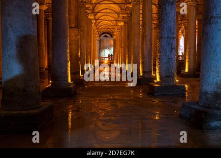 Interior of Basilica Cistern or Cisterna Basilica, Yerebatan Sarayi in Istanbul. Stock Photo