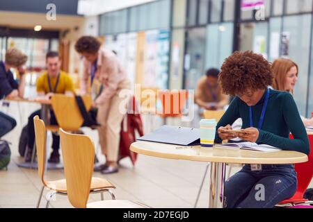 Communal Area Of Busy College Campus With  Female Student Working At Tables And Using Mobile Phone Stock Photo
