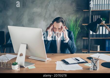 Portrait of his he nice handsome devastated miserable frustrated man feeling bad pain crisis burn out sorrow bankruptcy budget lack at modern Stock Photo